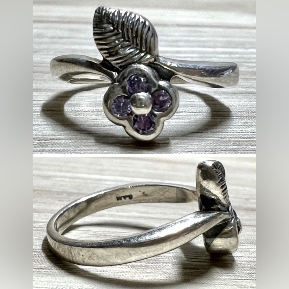 Vintage Sterling Silver WTS WATSON Amethyst Floral Bypass Ring, Size 5, 4g